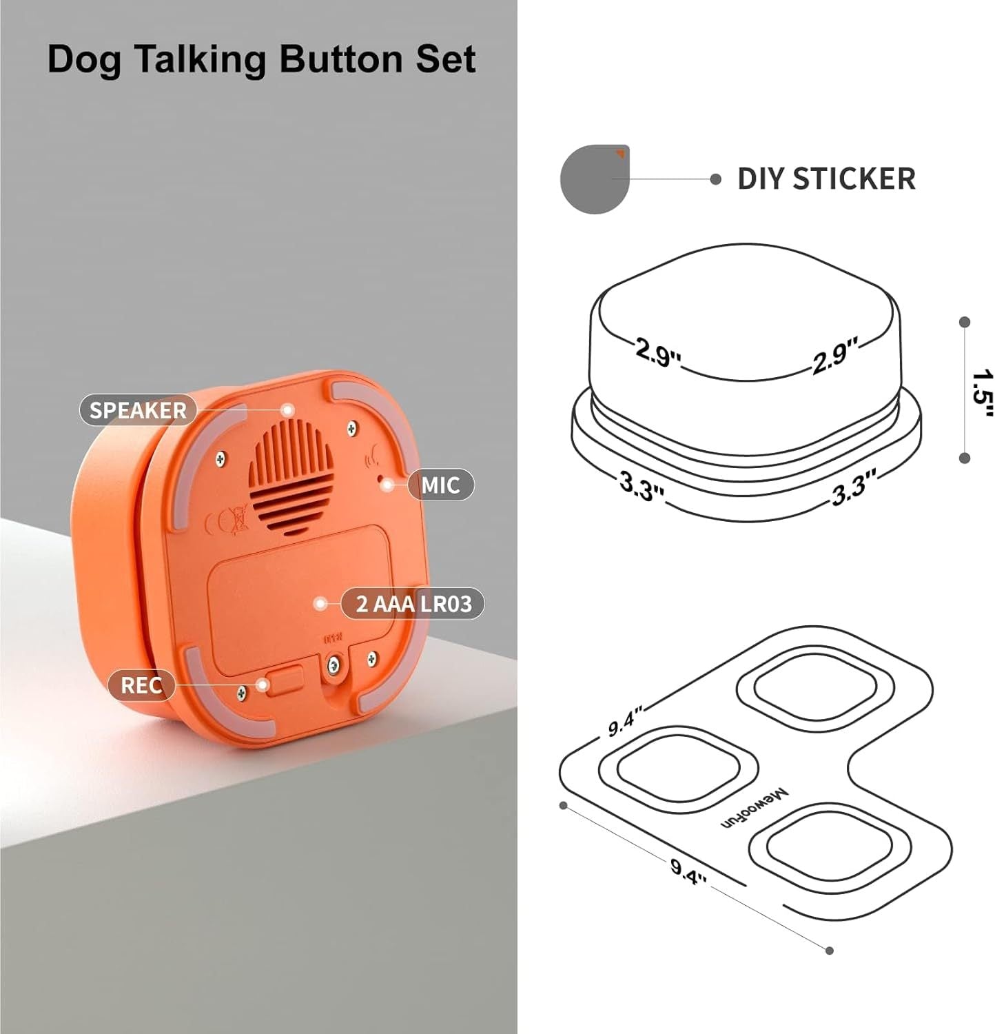 MEWOOFUN Dog Talking Buttons Set - 3 Recordable Communication Buttons With