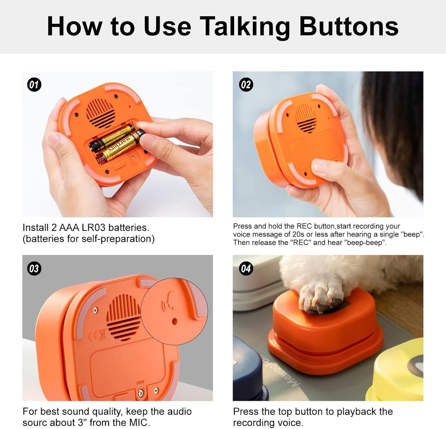 MEWOOFUN Dog Talking Buttons Set - 3 Recordable Communication Buttons With